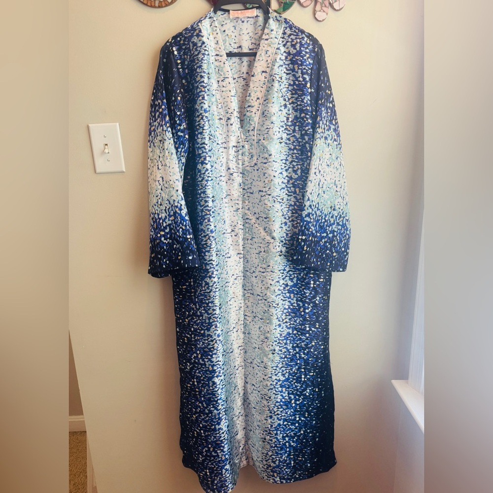 Oscar de la Renta Pink Label Blue White Zip Nightgown Robe Size Large